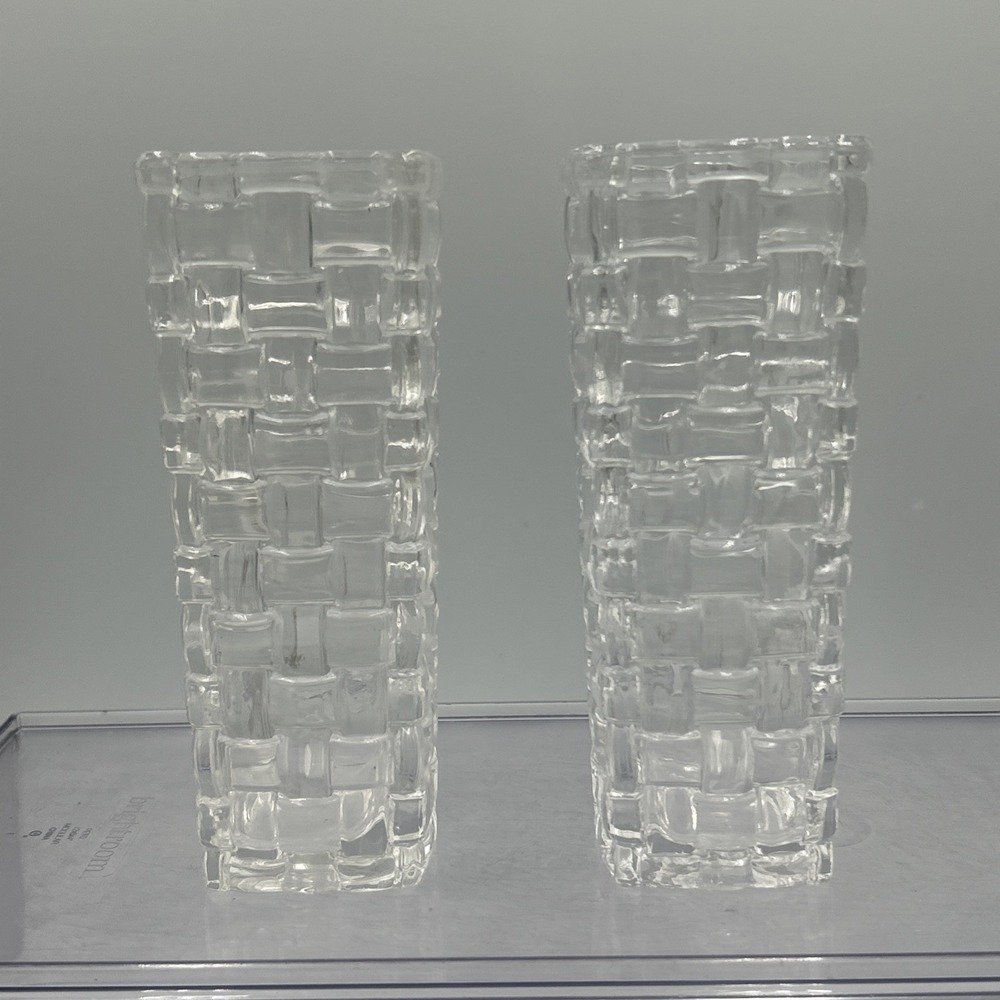 Set Of 2 German Nachtmann Bossa Nova‎ Basketweave Lead Crystal Vase Pair 6"